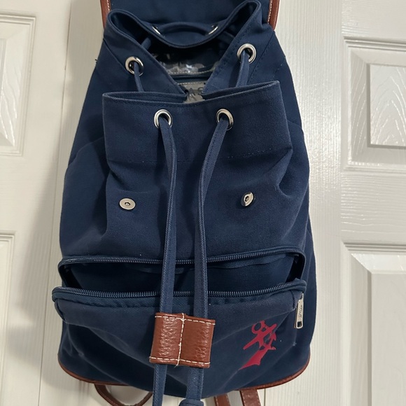 Vintage G.H. Bass and Co Navy Blue Canvas Backpack with Brown Leather Trim - Picture 6 of 10